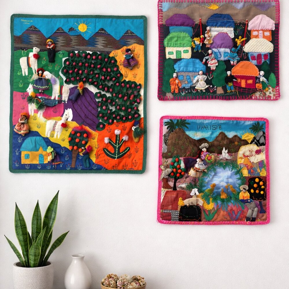 Peruvian Folk Art Textile Wall Hanging Lot 3 Llama Village 3D Applique
